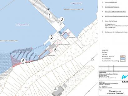 Lageplan Kraftwerk mit geplanter Fischschleuse am südlichen Ende der Vorsperrenmauer